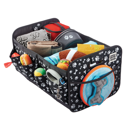 Dogssentials Collapsible Storage Organizer,"Black collapsible pet organizer filled with dog travel accessories"