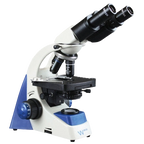 50 Series Binocular Microscope,"Angled side view of binocular microscope with blue adjustment knobs"