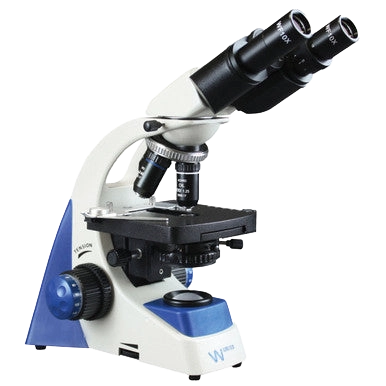 50 Series Binocular Microscope,"Angled side view of binocular microscope with blue adjustment knobs"