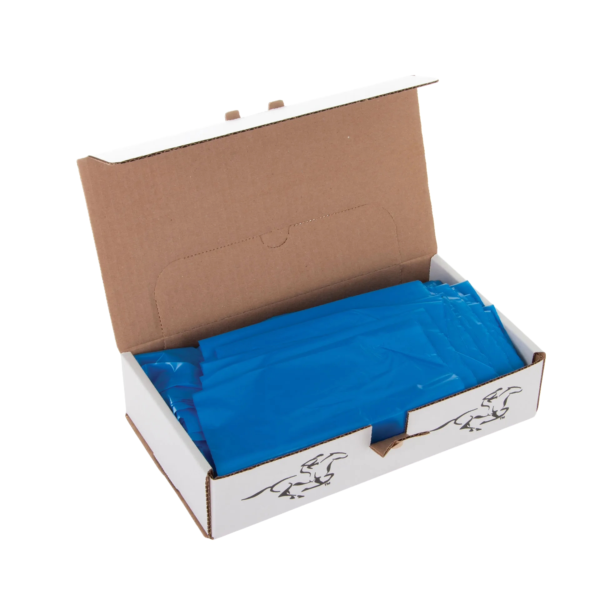 Shoulder Length OB Gloves,"Open box with folded blue gloves inside"