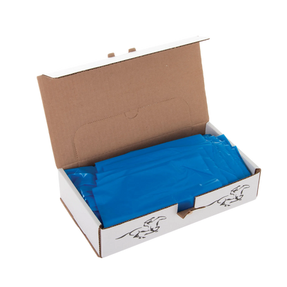 Shoulder Length OB Gloves,"Open box with folded blue gloves inside"