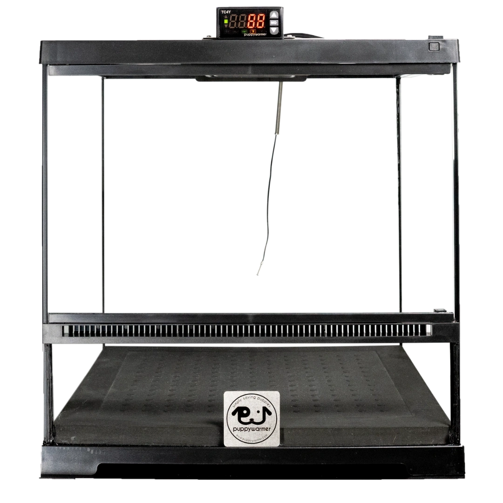 Puppywarmer® Puppy Incubator,"Front view of black incubator with digital control display"