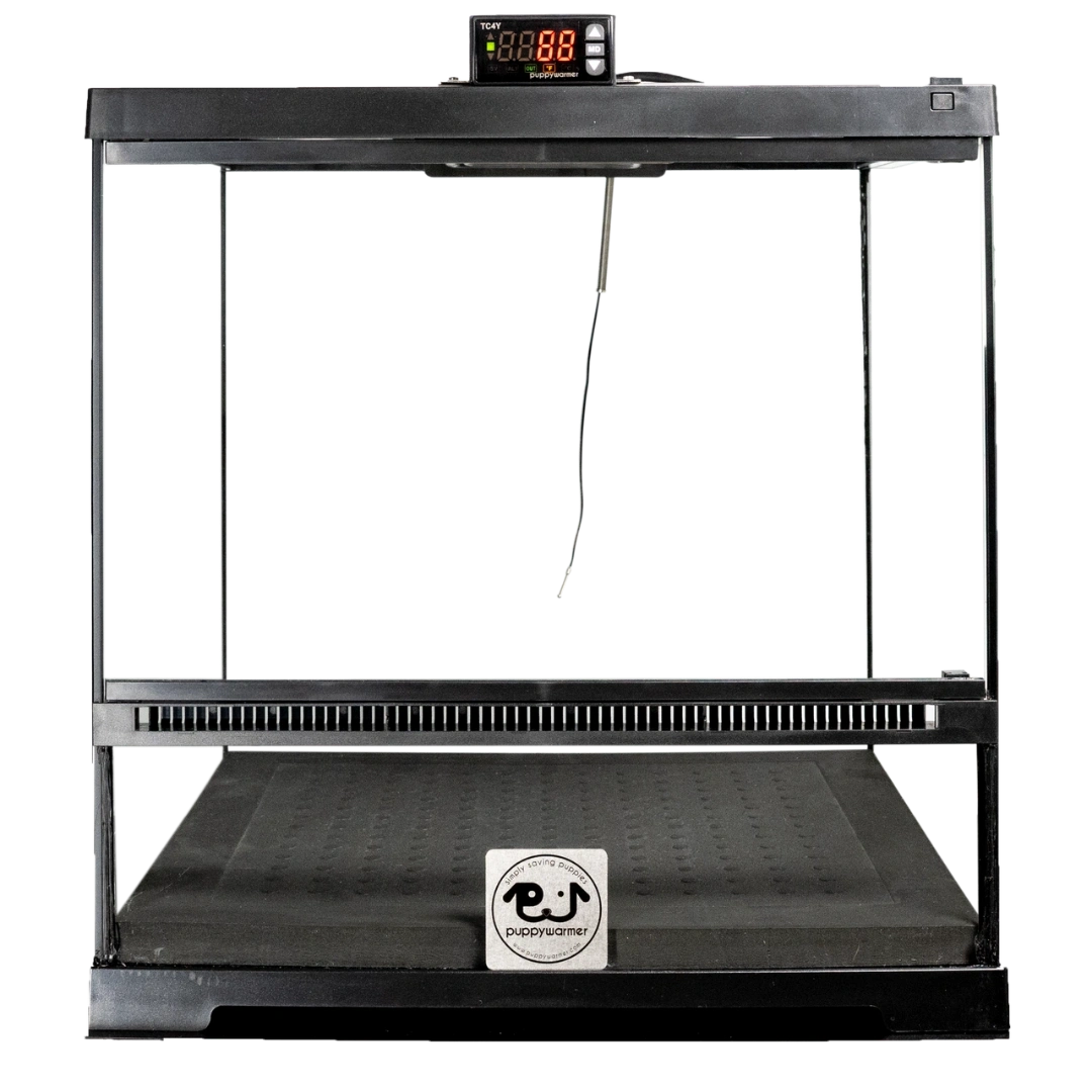 Puppywarmer® Puppy Incubator,"Front view of black incubator with digital control display"