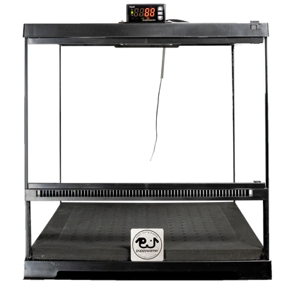 Puppywarmer® Puppy Incubator,"Front view of black incubator with digital control display"