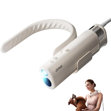 Harmony Neck Dryer and Twin Titan Force Dryer by JirPet,"Wearable neck dryer with curved strap and inset lifestyle photo"