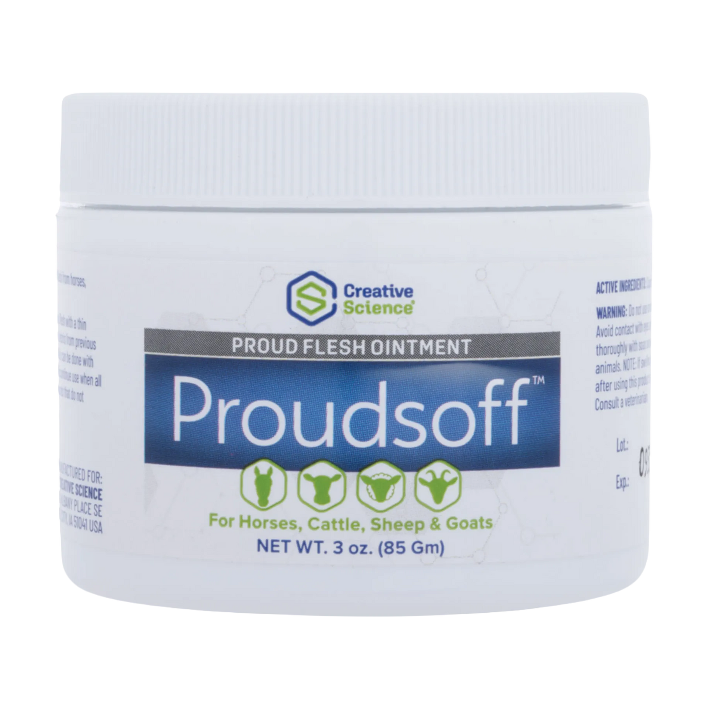 Proudsoff™,"White ointment jar with ribbed screw-top lid, front label view"