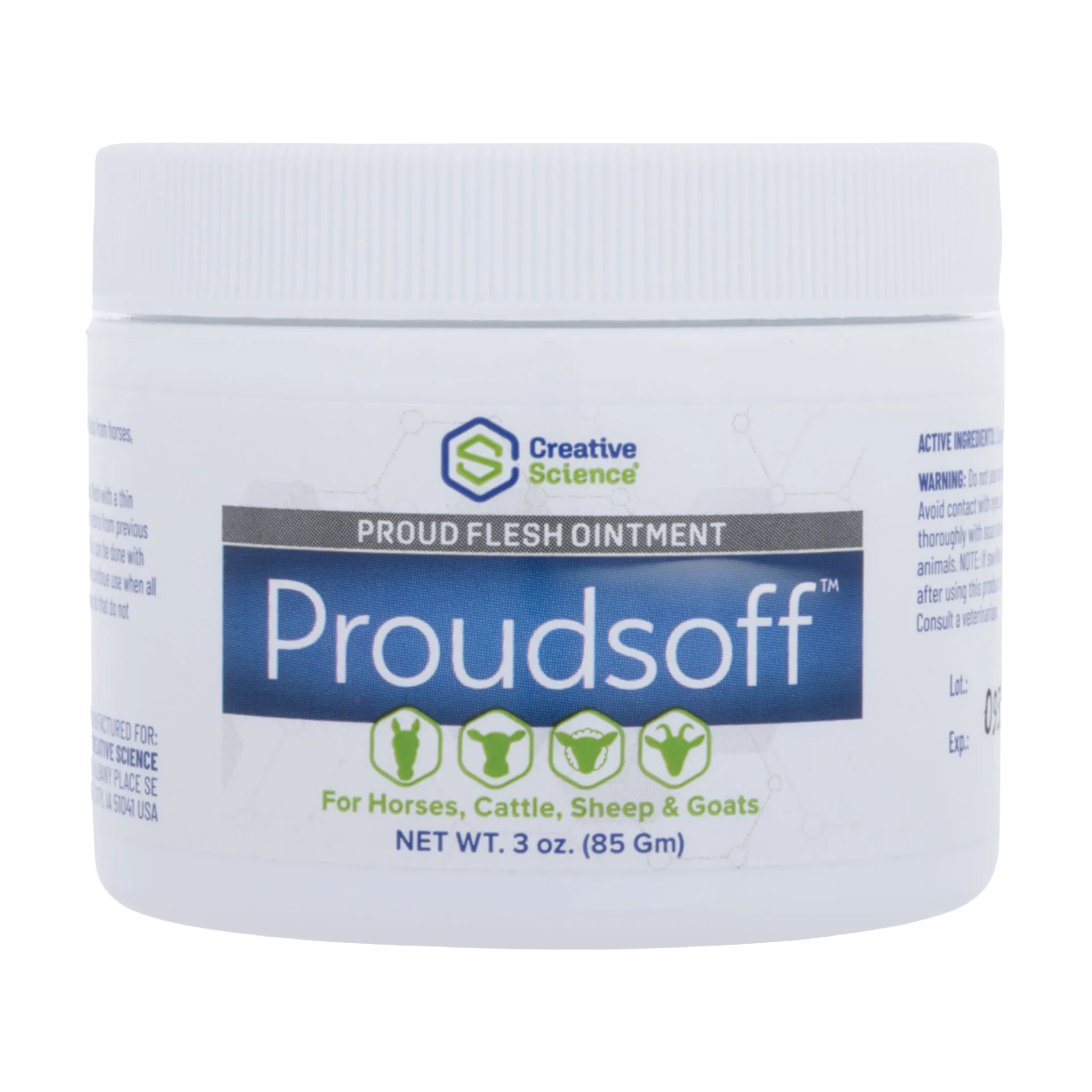 Proudsoff™,"White ointment jar with ribbed screw-top lid, front label view"