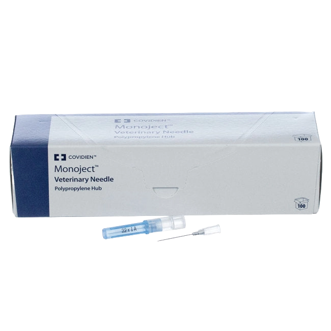 MonoJect™ Needles,"Box of needles with blue hub and protective cap"