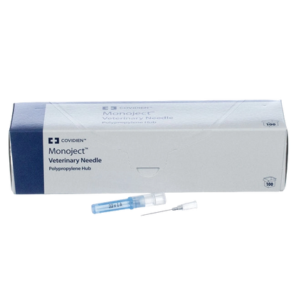 MonoJect™ Needles,"Box of needles with blue hub and protective cap"