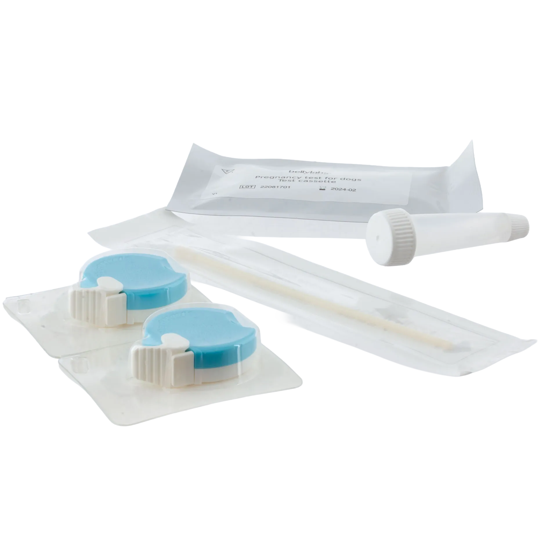 BellyLabs® Canine Pregnancy Test,"Two blue test cassettes with swab, tube, and pouch"