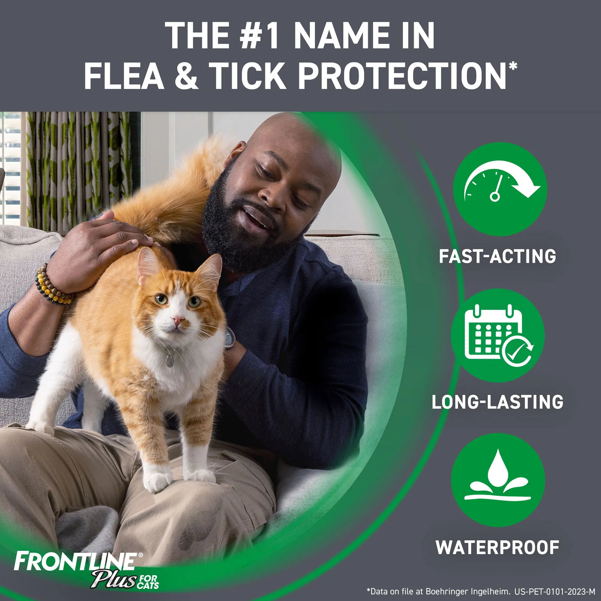 Frontline® Plus for Cats,"Man petting orange and white cat with feature icons"