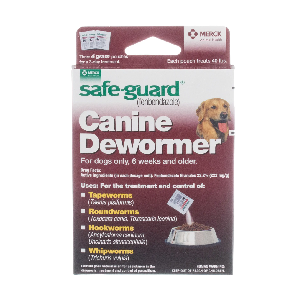 Safe-Guard® Canine Dewormer for Dogs,"Front of box with dog image and food bowl"