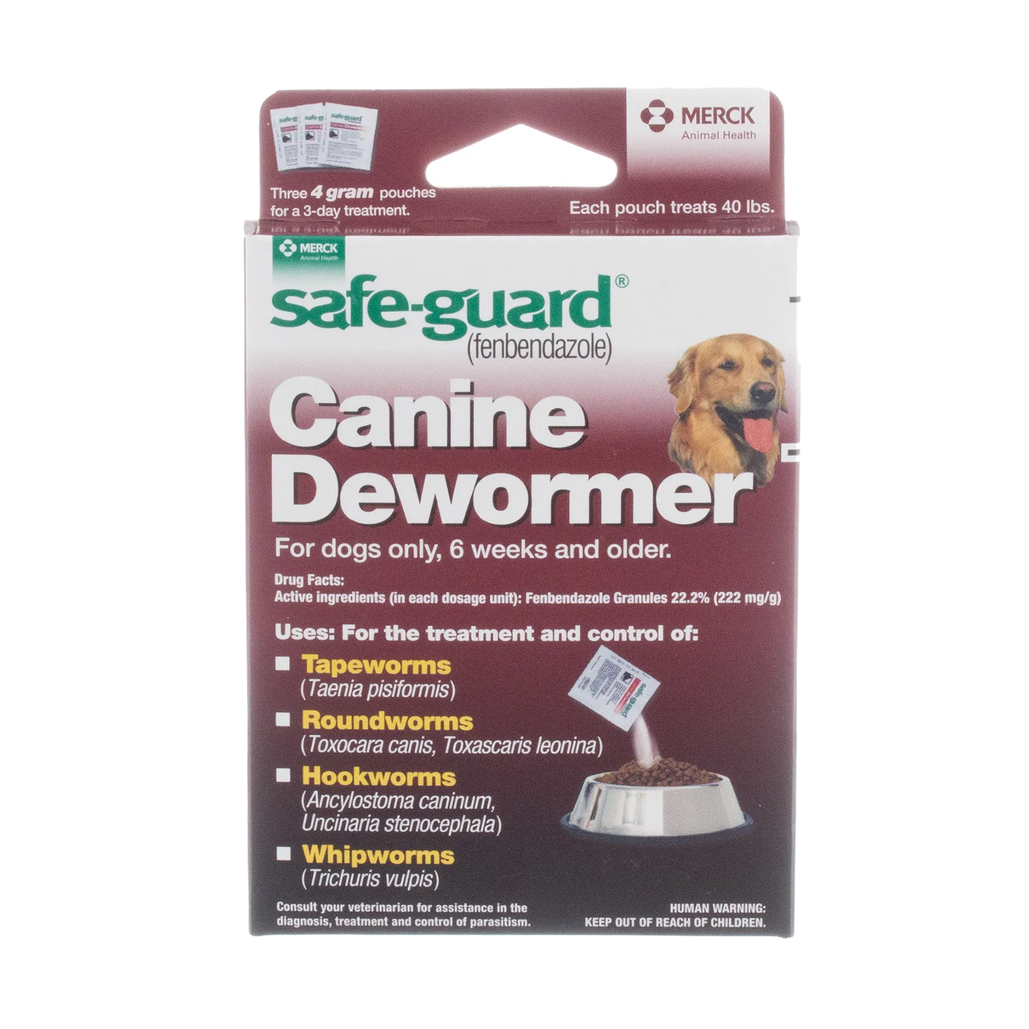 Safe-Guard® Canine Dewormer for Dogs,"Front of box with dog image and food bowl"
