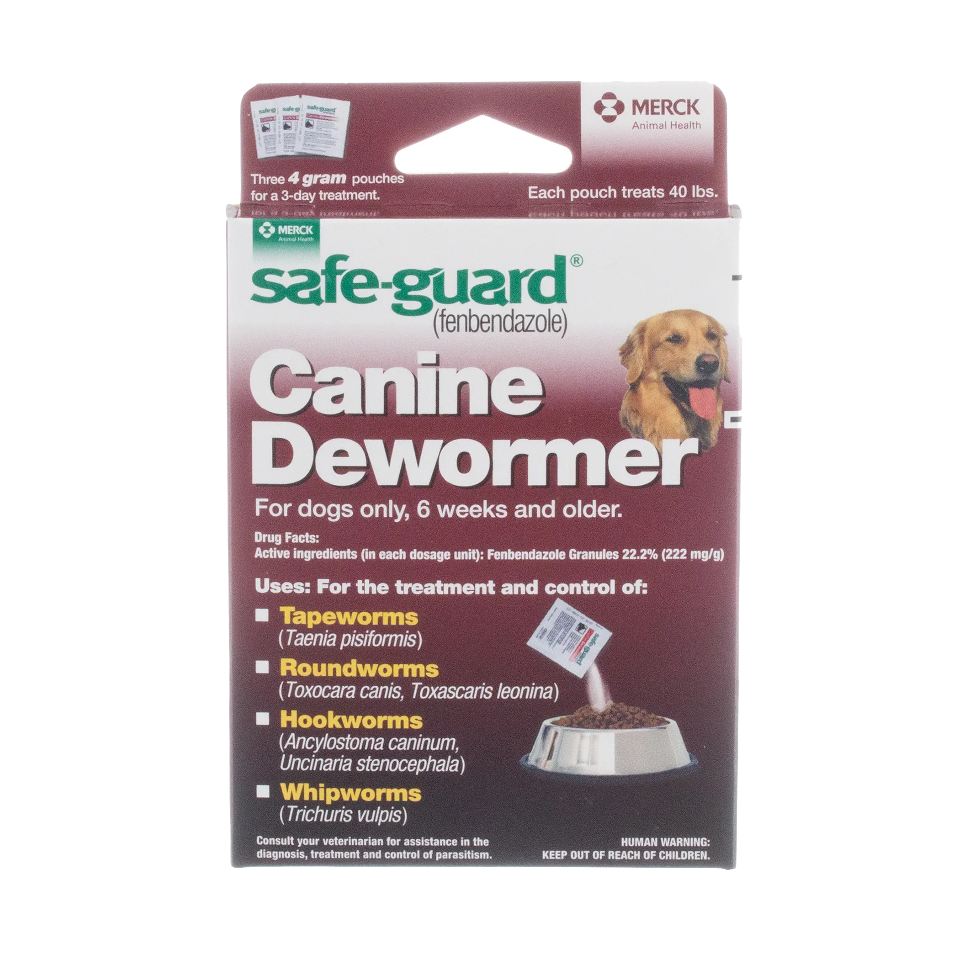 Safe-Guard® Canine Dewormer for Dogs,"Front of box with dog image and food bowl"