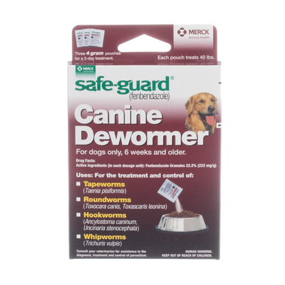 Safe-Guard® Canine Dewormer for Dogs,"Front of box with dog image and food bowl"