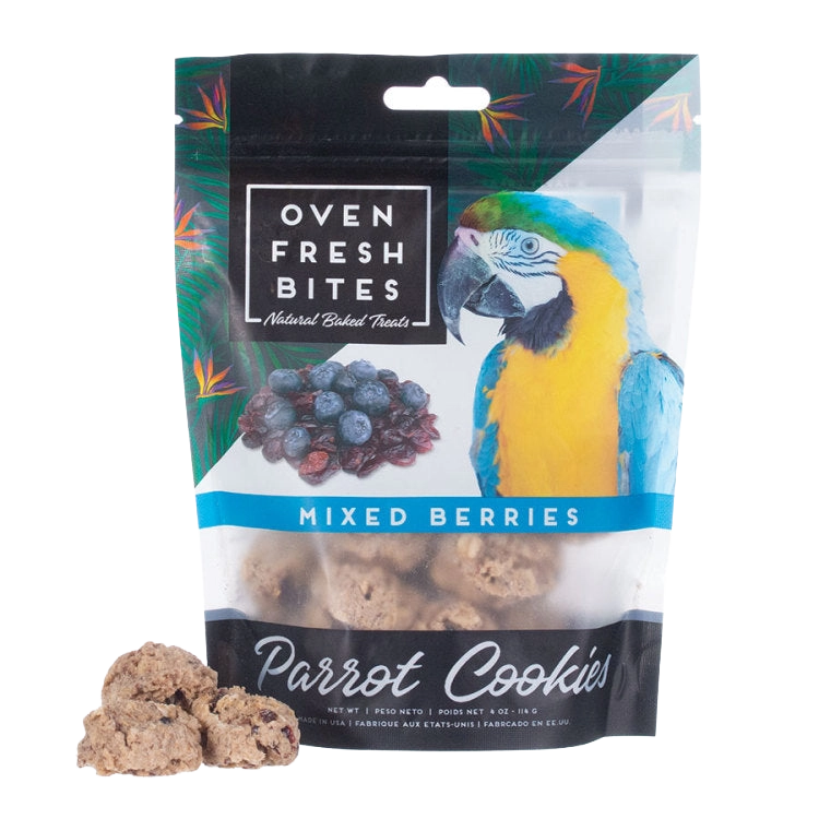 Caitec Oven Fresh Bites Parrot Cookies,"Bag of cookies with macaw image and cookies in front"