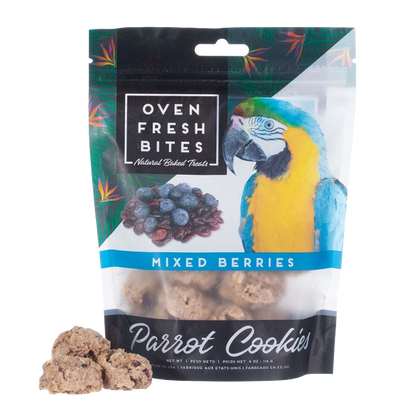 Caitec Oven Fresh Bites Parrot Cookies,"Bag of cookies with macaw image and cookies in front"