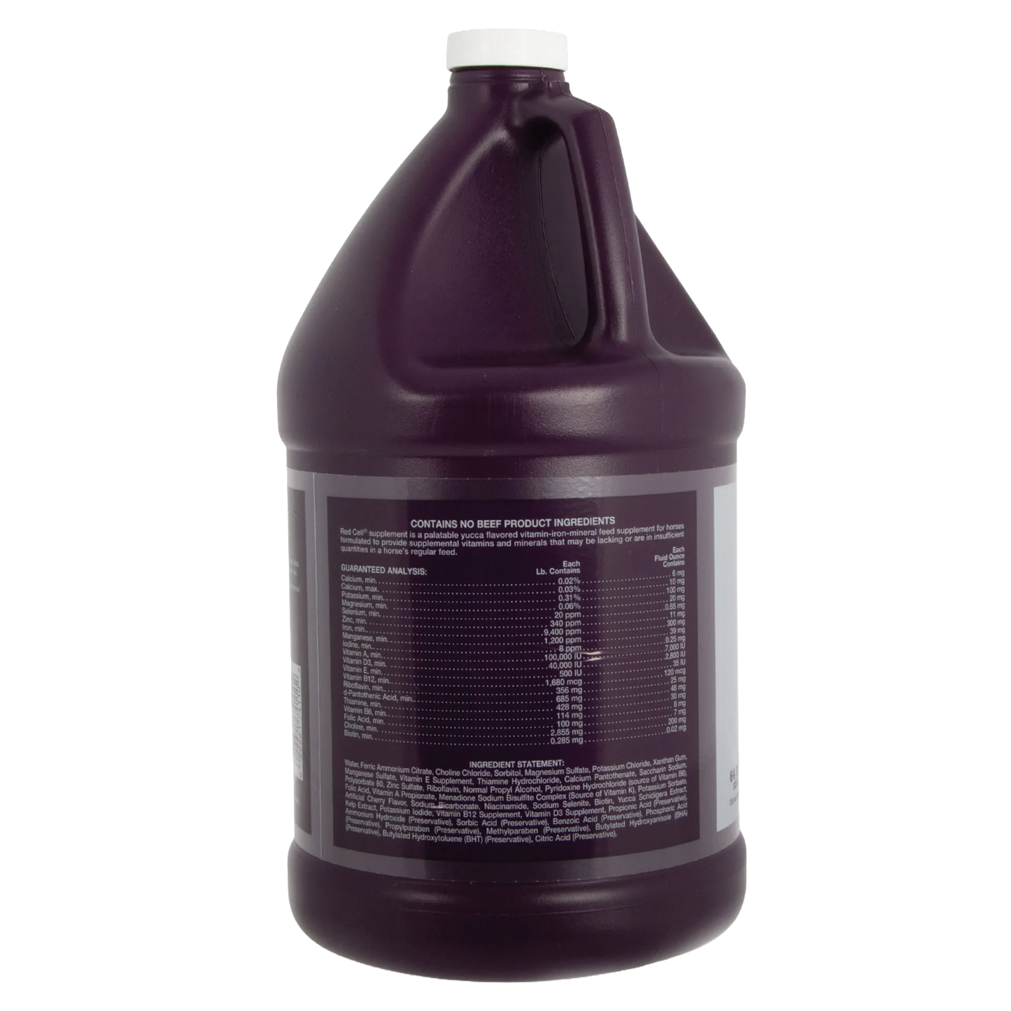 Red Cell®,"Large dark bottle with handle and white cap, back label view"