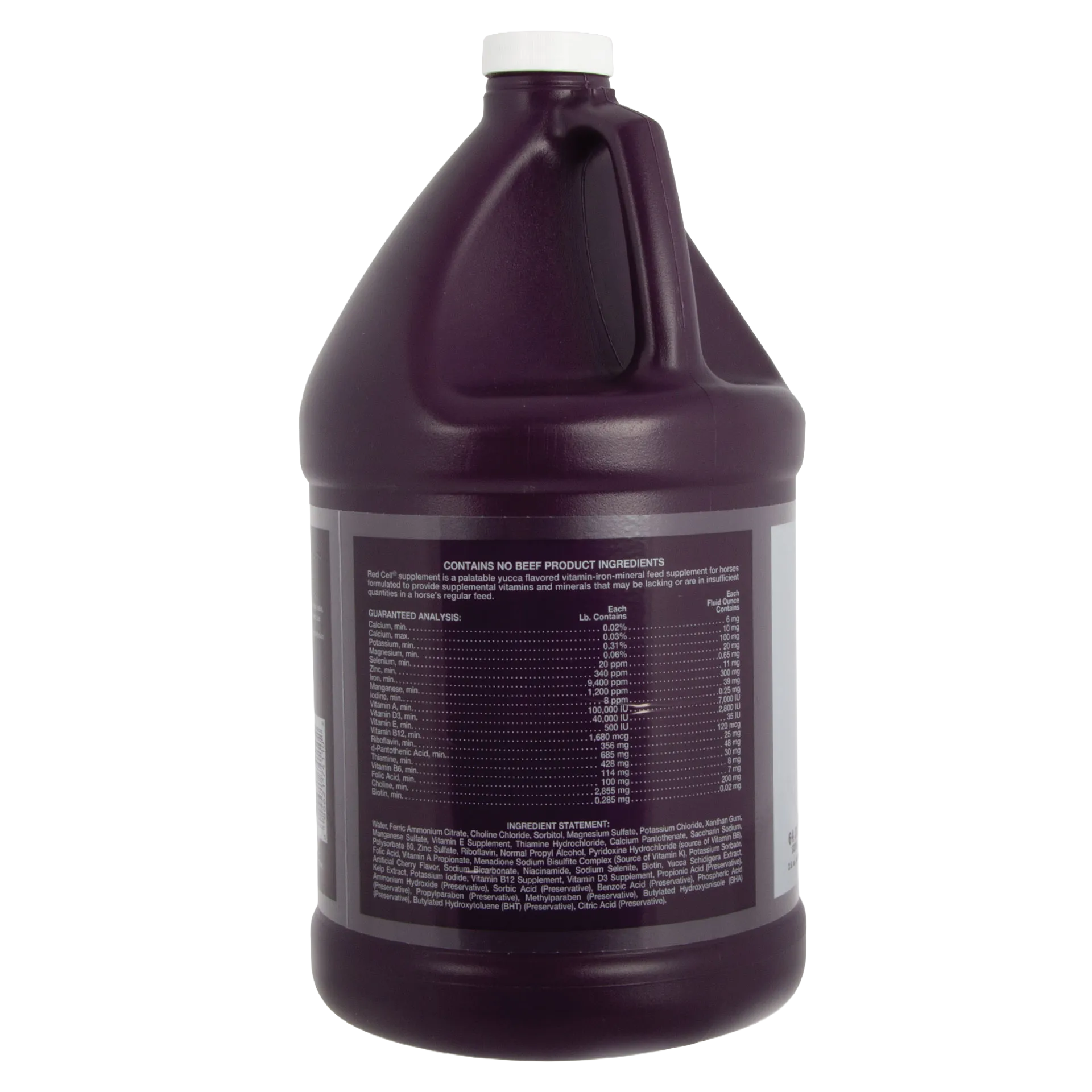 Red Cell®,"Large dark bottle with handle and white cap, back label view"