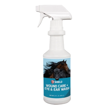 Equine/Cattle Wound Care + Eye & Ear Wash by Shield,"White spray bottle with trigger nozzle and blue label"