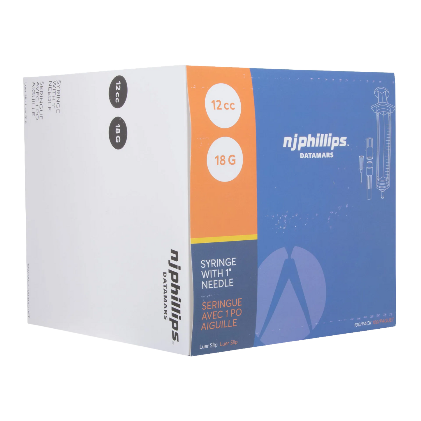 12cc Syringes with 18 gauge Needles,"Blue and white syringe box with orange side panel"