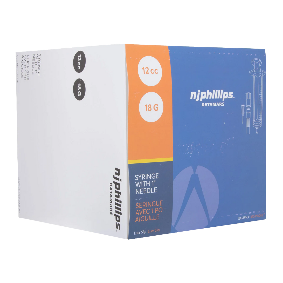12cc Syringes with 18 gauge Needles,"Blue and white syringe box with orange side panel"