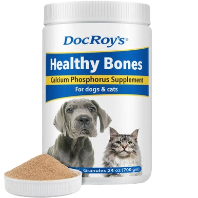 Doc Roy's® Healthy Bones - Bone Health Vitamins for Dogs & Cats,"Supplement jar with dog and cat image and powder scoop"