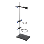 Support Stand and Ring for embryo filters,"Metal stand with three blue clamps and two rings"