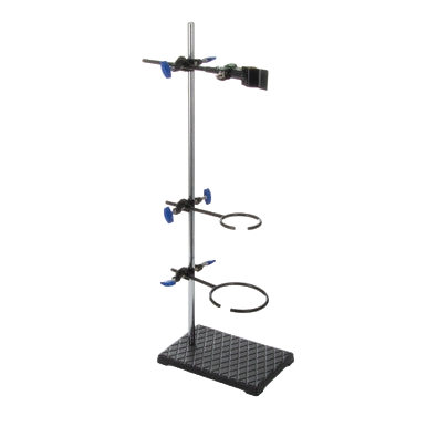 Support Stand and Ring for embryo filters,"Metal stand with three blue clamps and two rings"