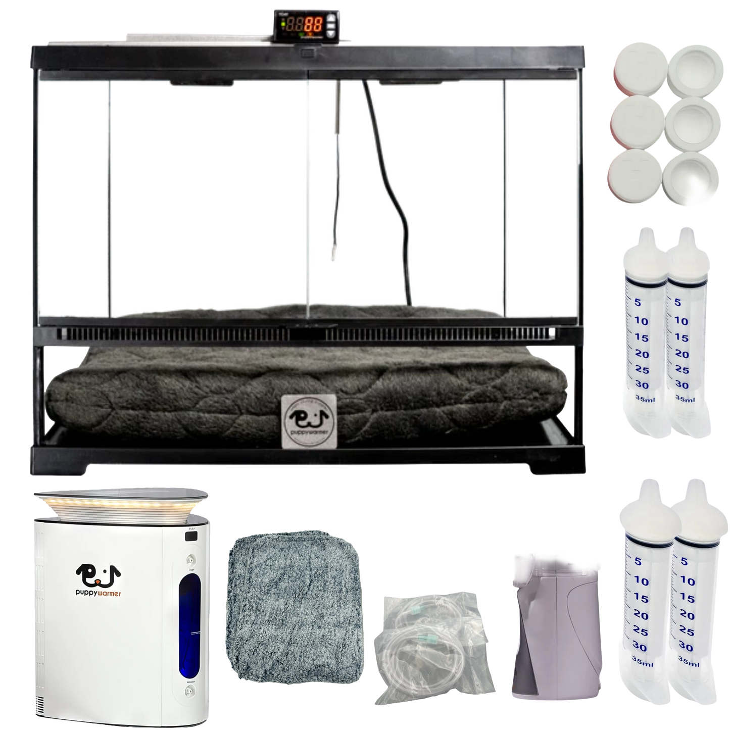 Puppywarmer Bundles,"Warming enclosure bundle with bottles, humidifier, mat, and accessories"