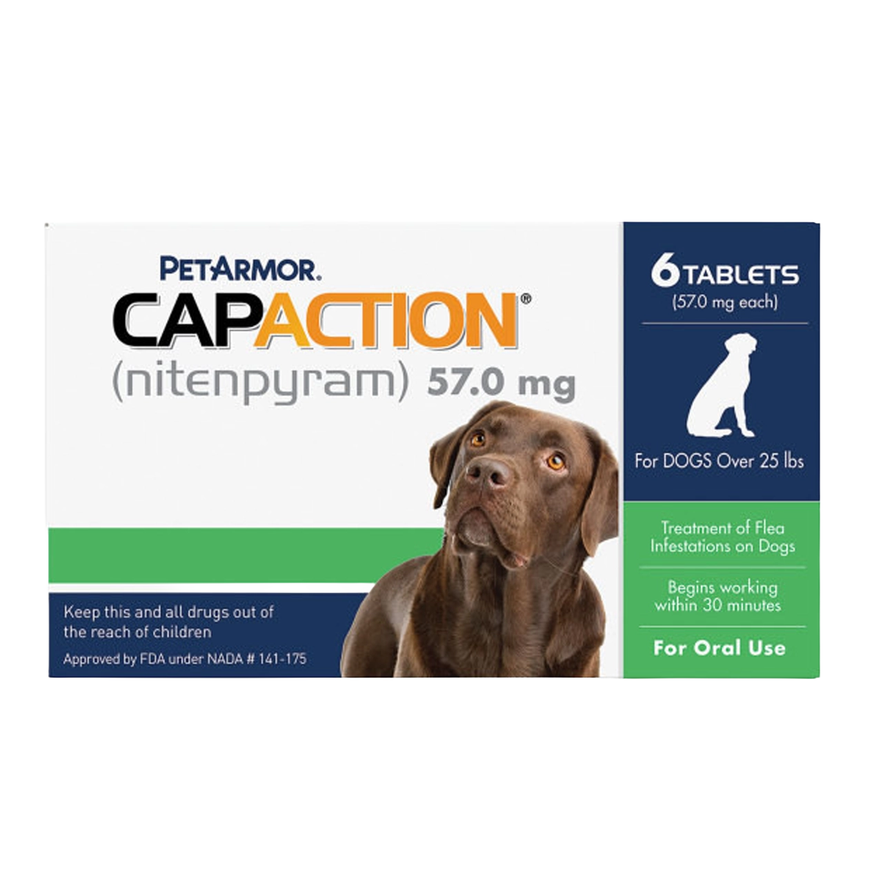 CapAction®,"Product box with brown dog image and green side panel"