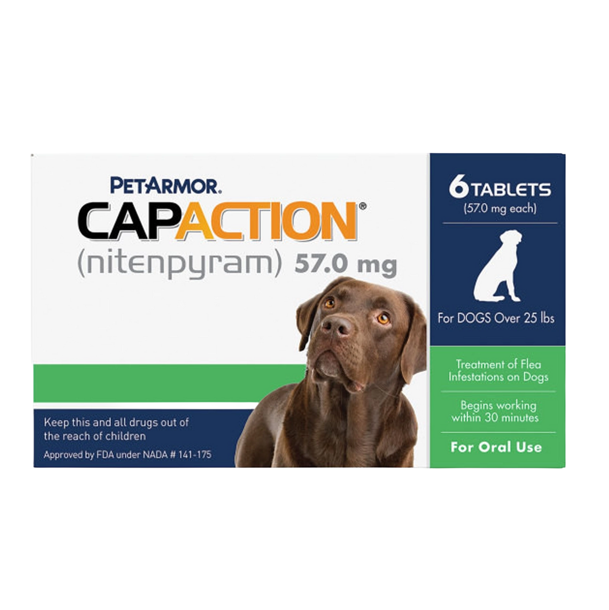 CapAction®,"Product box with brown dog image and green side panel"