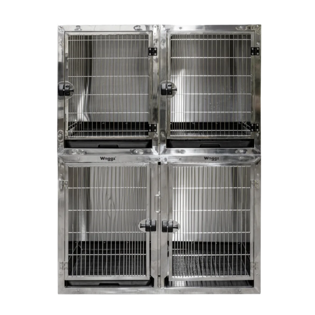 Module Stack Duo Dog Grooming Stainless Steel Cage by Waggz,"Stacked stainless steel dog cage with four front doors and trays"