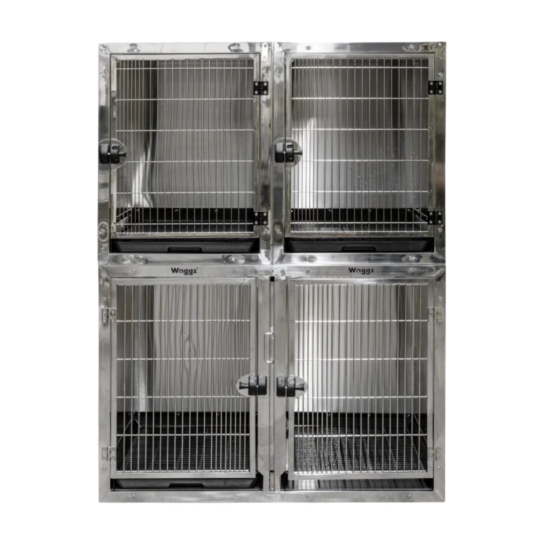 Module Stack Duo Dog Grooming Stainless Steel Cage by Waggz,"Stacked stainless steel dog cage with four front doors and trays"