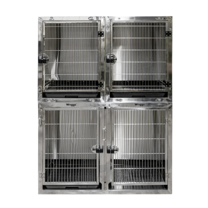 Module Stack Duo Dog Grooming Stainless Steel Cage by Waggz,"Stacked stainless steel dog cage with four front doors and trays"
