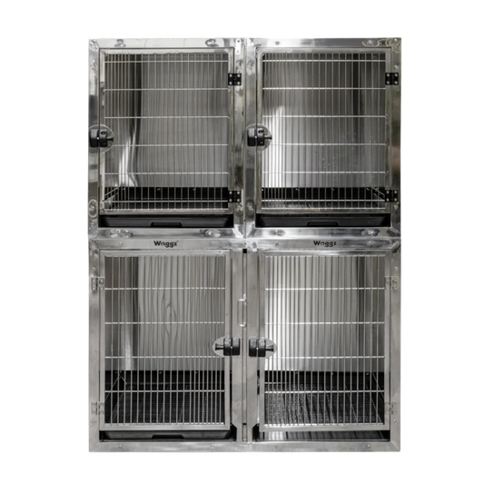 Module Stack Duo Dog Grooming Stainless Steel Cage by Waggz,"Stacked stainless steel dog cage with four front doors and trays"