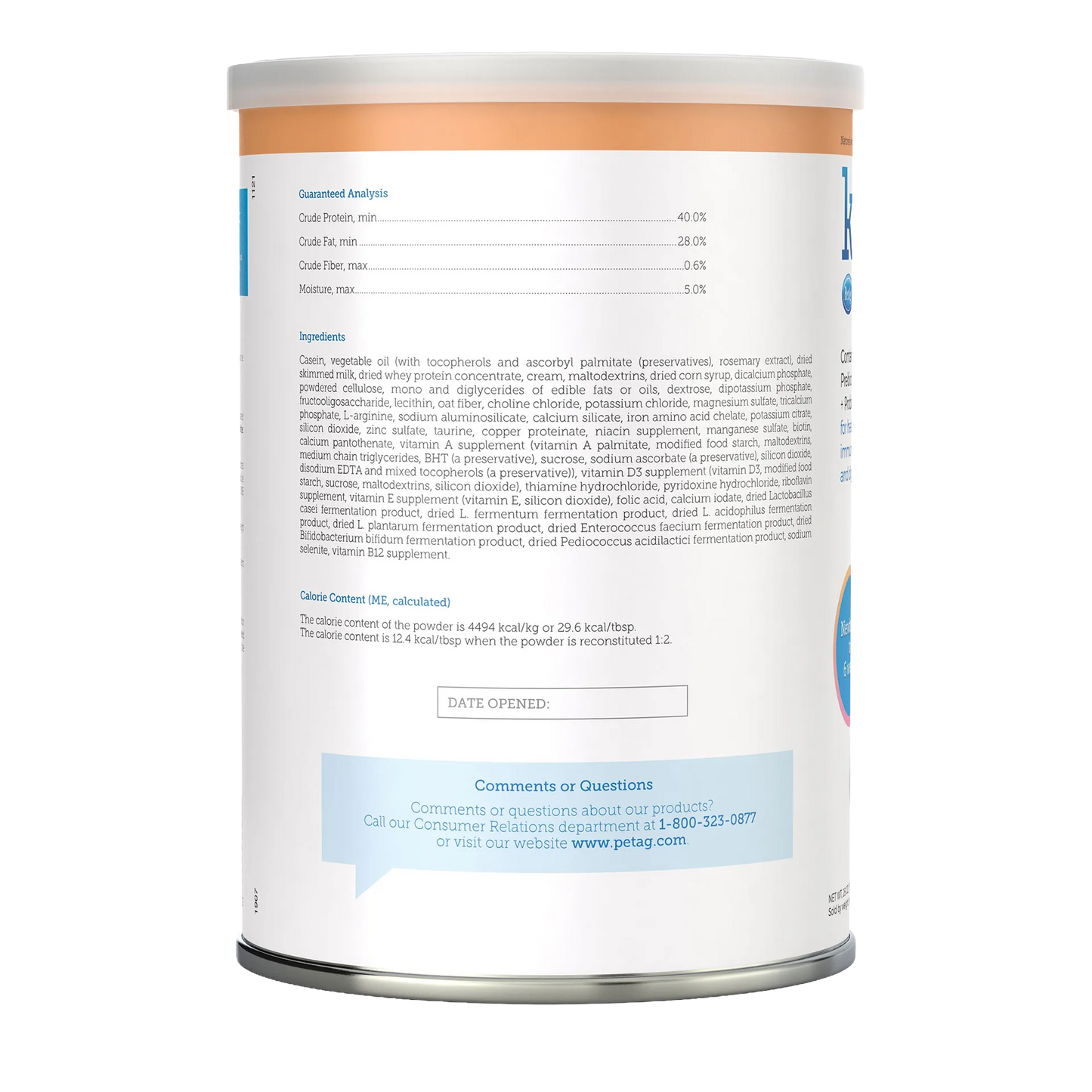 KMR®,"Back view of cylindrical can with nutrition label"