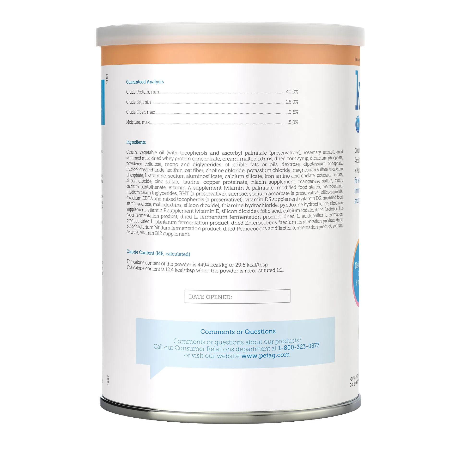 KMR®,"Back view of cylindrical can with nutrition label"