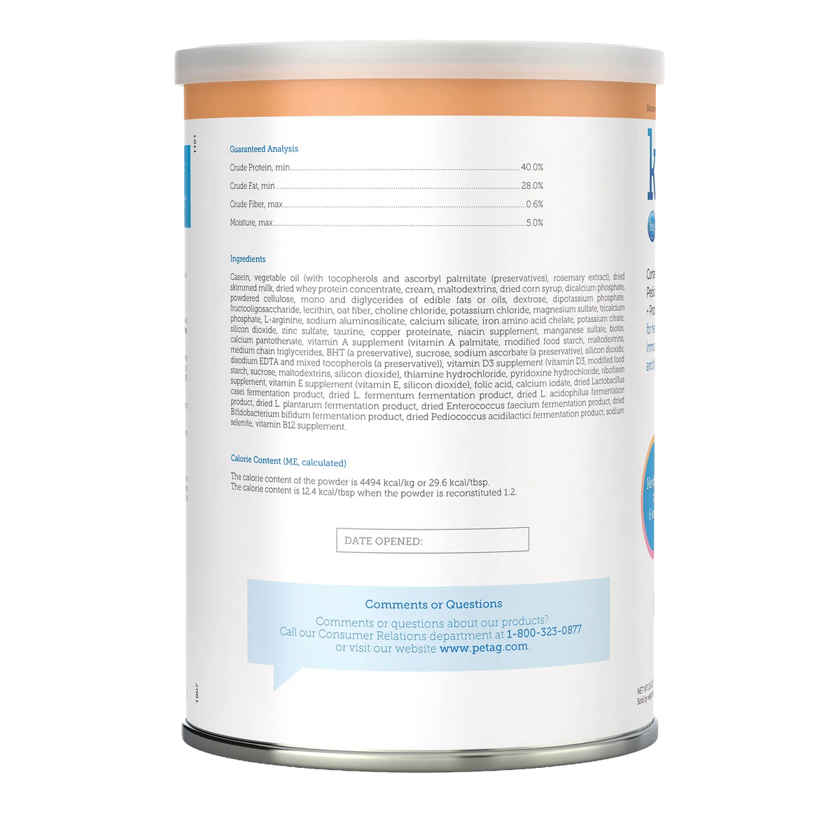 KMR®,"Back view of cylindrical can with nutrition label"
