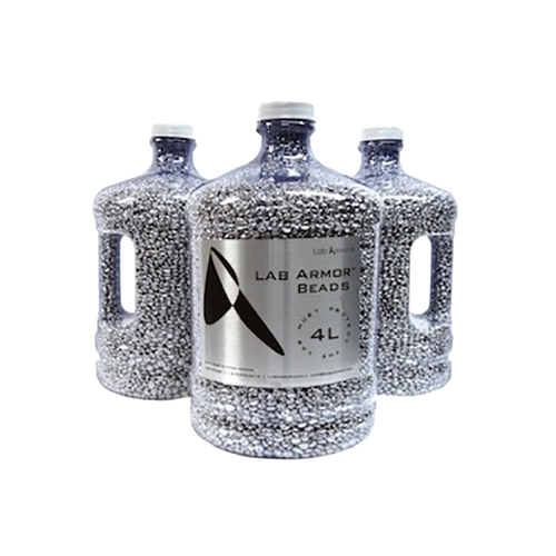Aluminum Bath Beads,"Three handled bottles filled with silver beads"