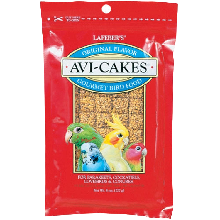 Lafeber Avi-Cakes Bird Food,"Red bird food bag with bird illustrations and clear window"