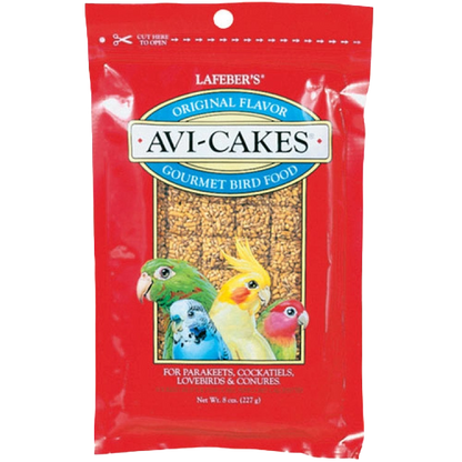 Lafeber Avi-Cakes Bird Food,"Red bird food bag with bird illustrations and clear window"
