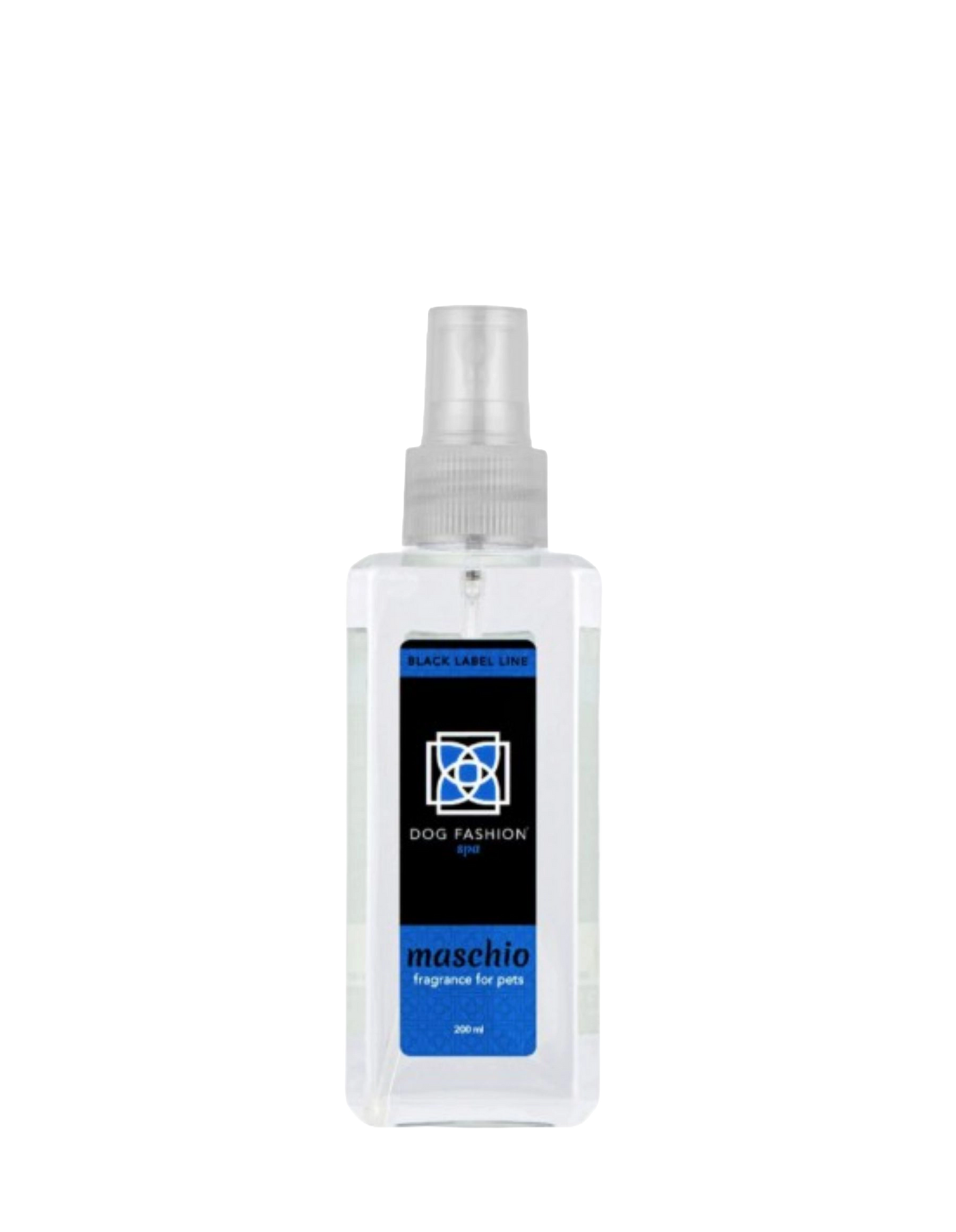 Maschio Fragrance,"Clear rectangular spray bottle with blue and black label"