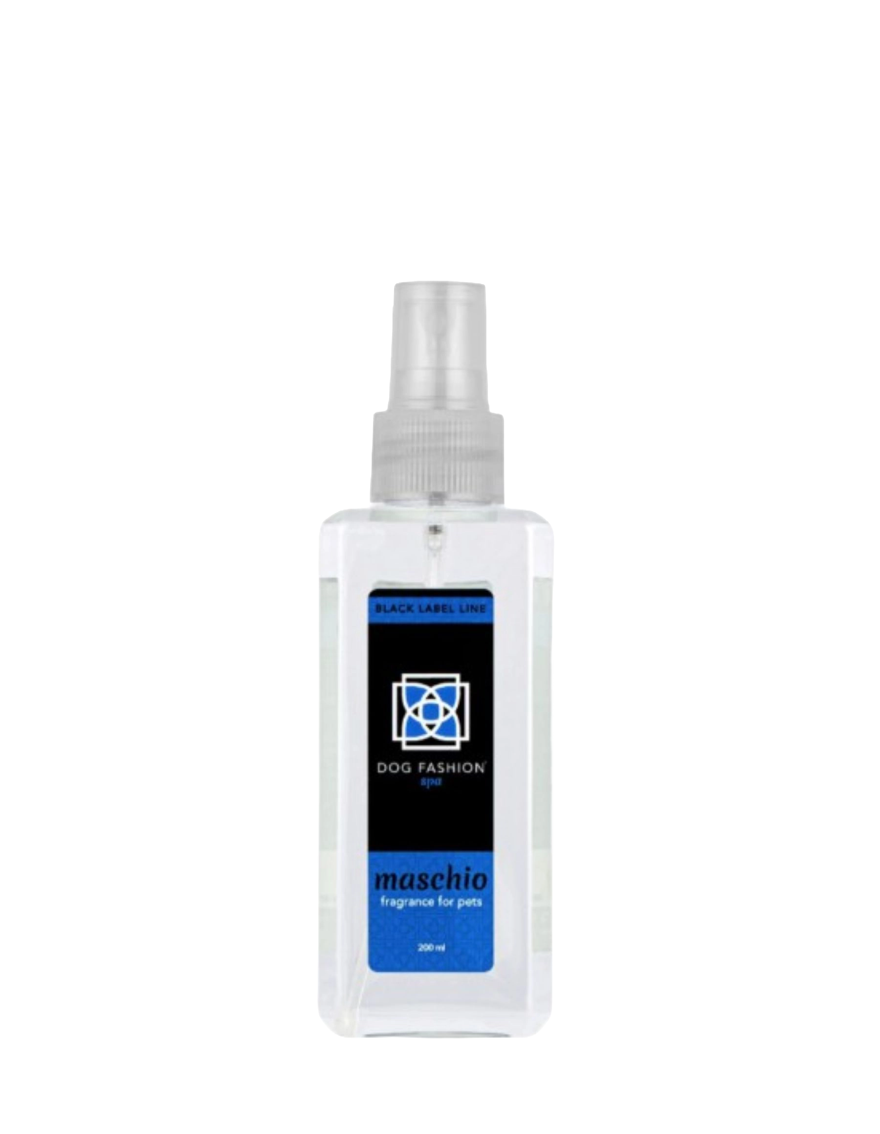 Maschio Fragrance,"Clear rectangular spray bottle with blue and black label"