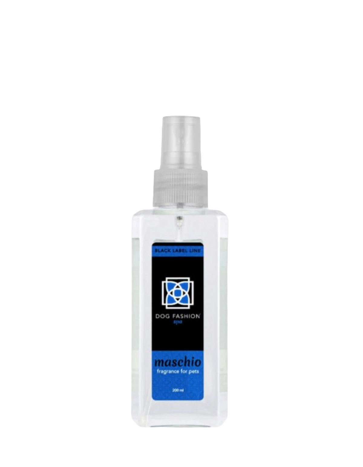 Maschio Fragrance,"Clear rectangular spray bottle with blue and black label"