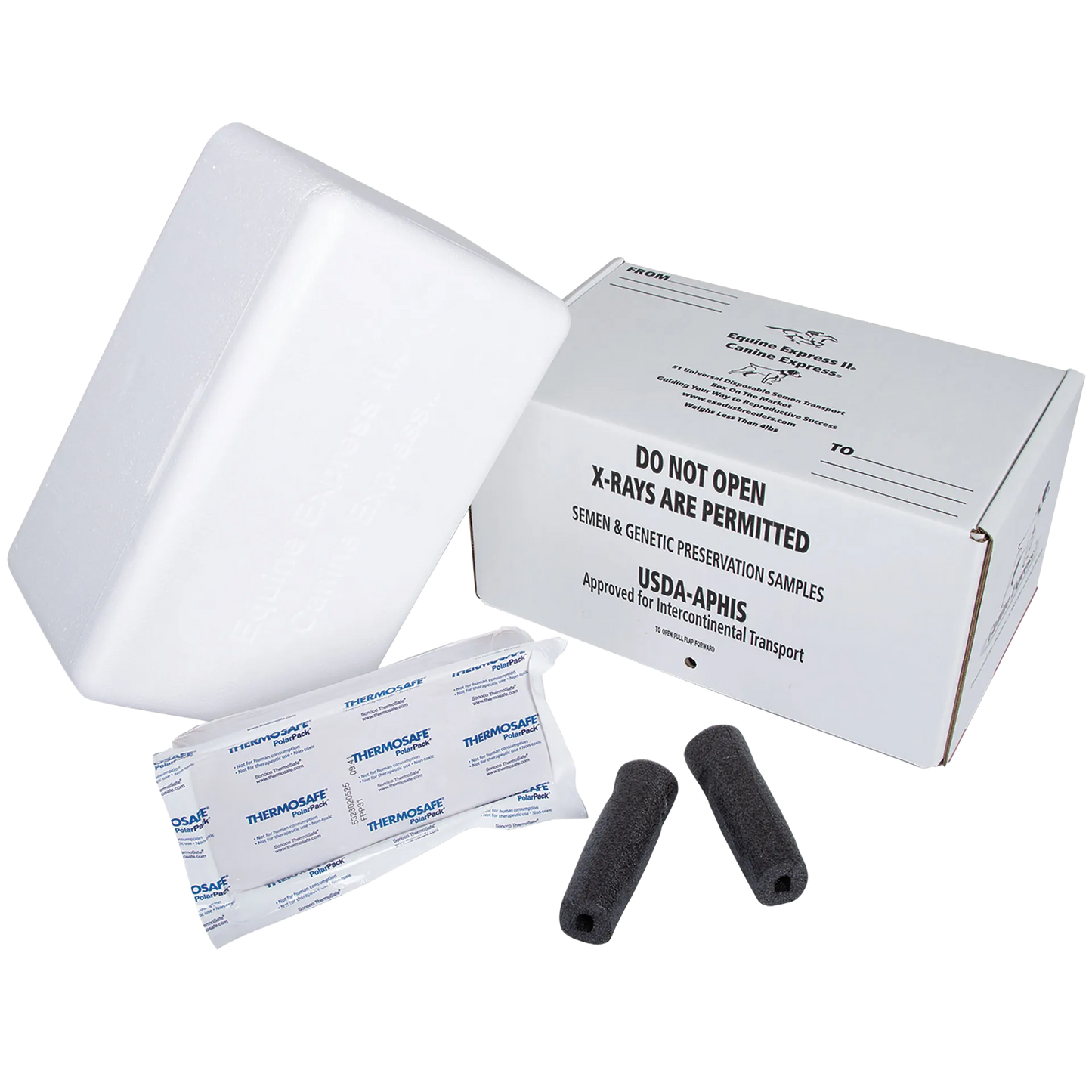 Canine Express Disposable Semen Shipper Special,"Insulated shipping kit with foam insert, ice pack, and two black tube holders"