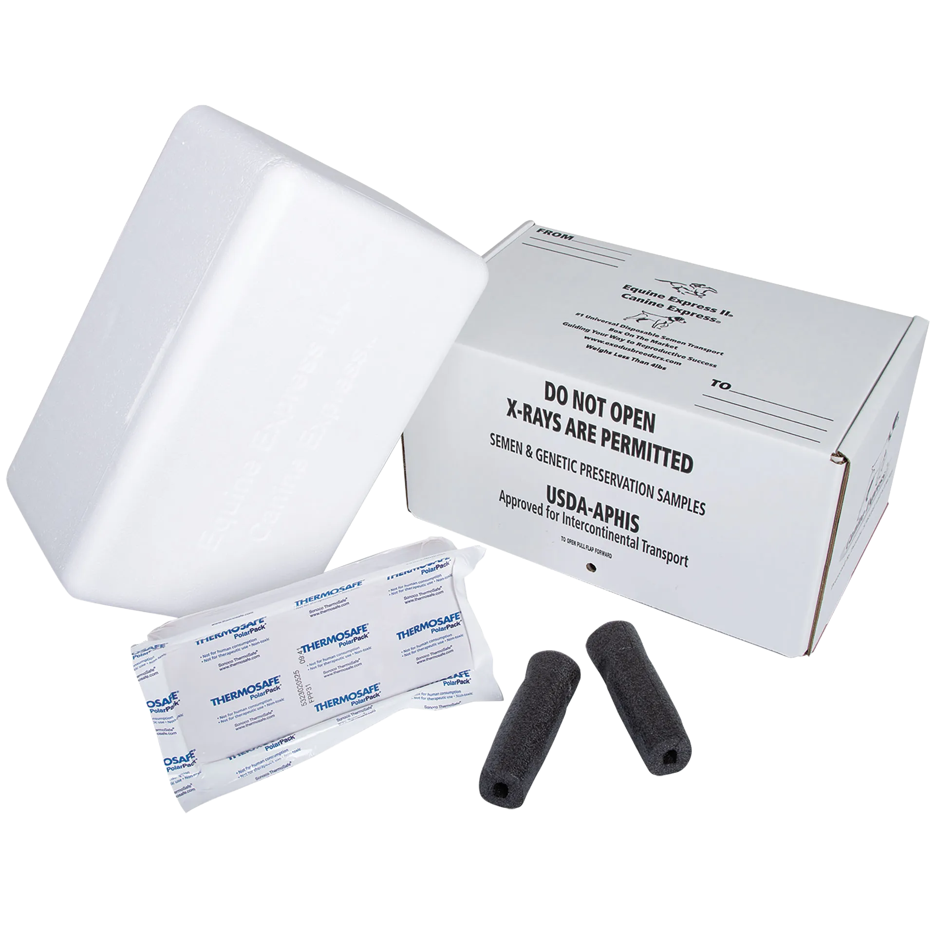 Canine Express Disposable Semen Shipper Special,"Insulated shipping kit with foam insert, ice pack, and two black tube holders"