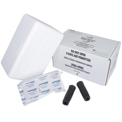 Canine Express Disposable Semen Shipper Special,"Insulated shipping kit with foam insert, ice pack, and two black tube holders"