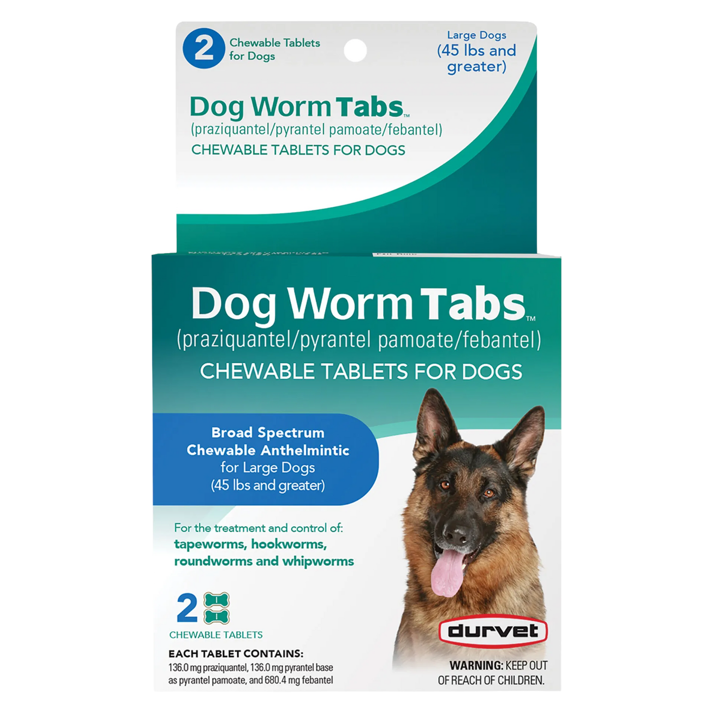 Dog Worm Tabs,"Front of box with German shepherd image for large dogs"