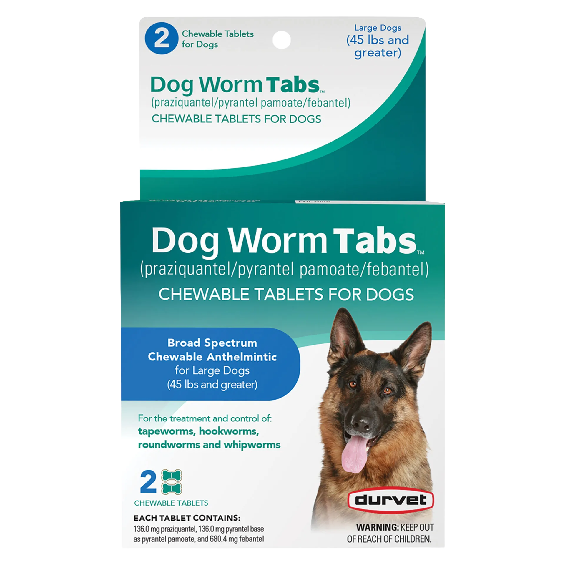 Dog Worm Tabs,"Front of box with German shepherd image for large dogs"